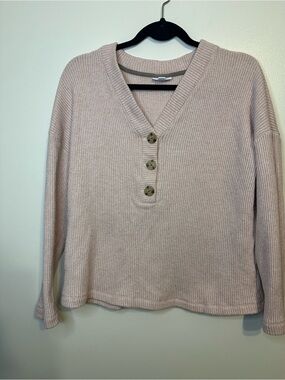 J Jill Women's V-Neck Waffle Knit Button Pullover Sweater - Blush